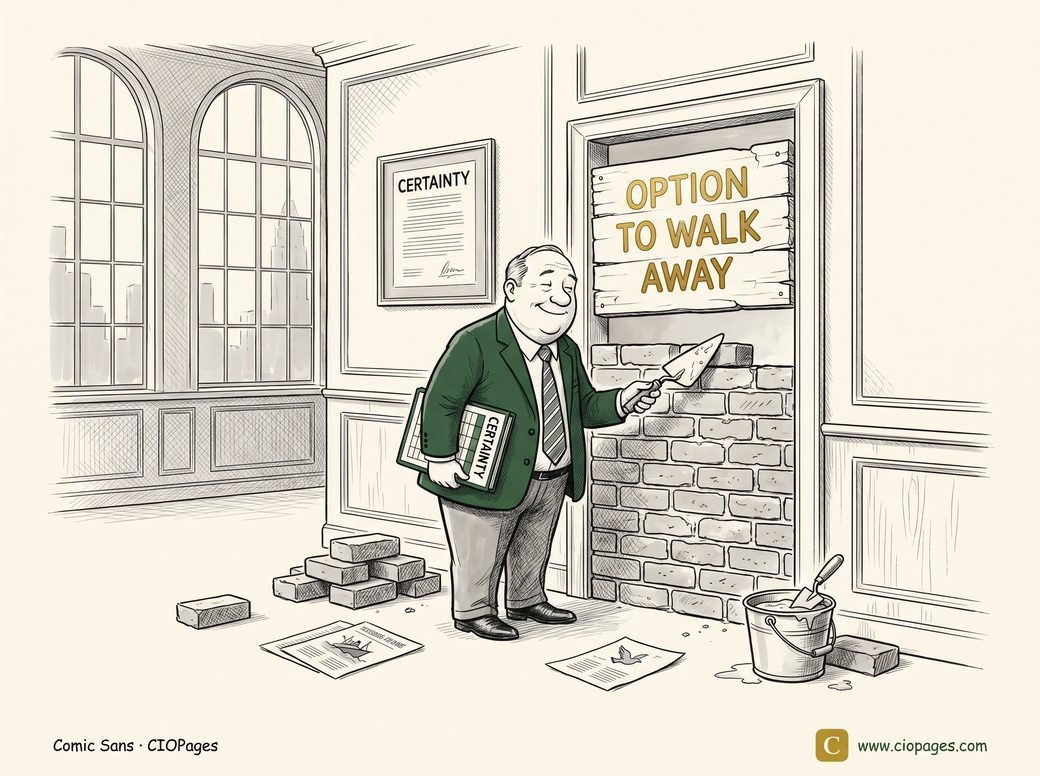 A smiling CFO bricks up a doorway labeled “Option to Walk Away” while clutching a green binder titled “Certainty.”