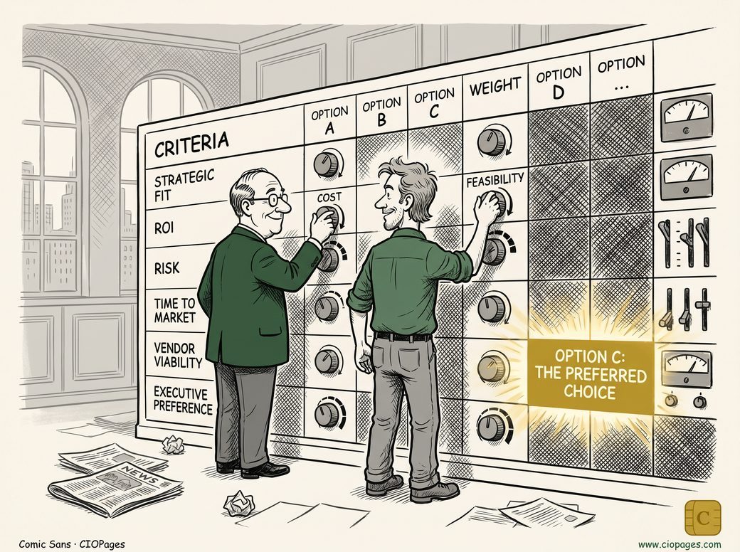 Two managers turn the knobs on a giant weighted-criteria matrix until the column “Option C — the preferred choice” lights up gold.