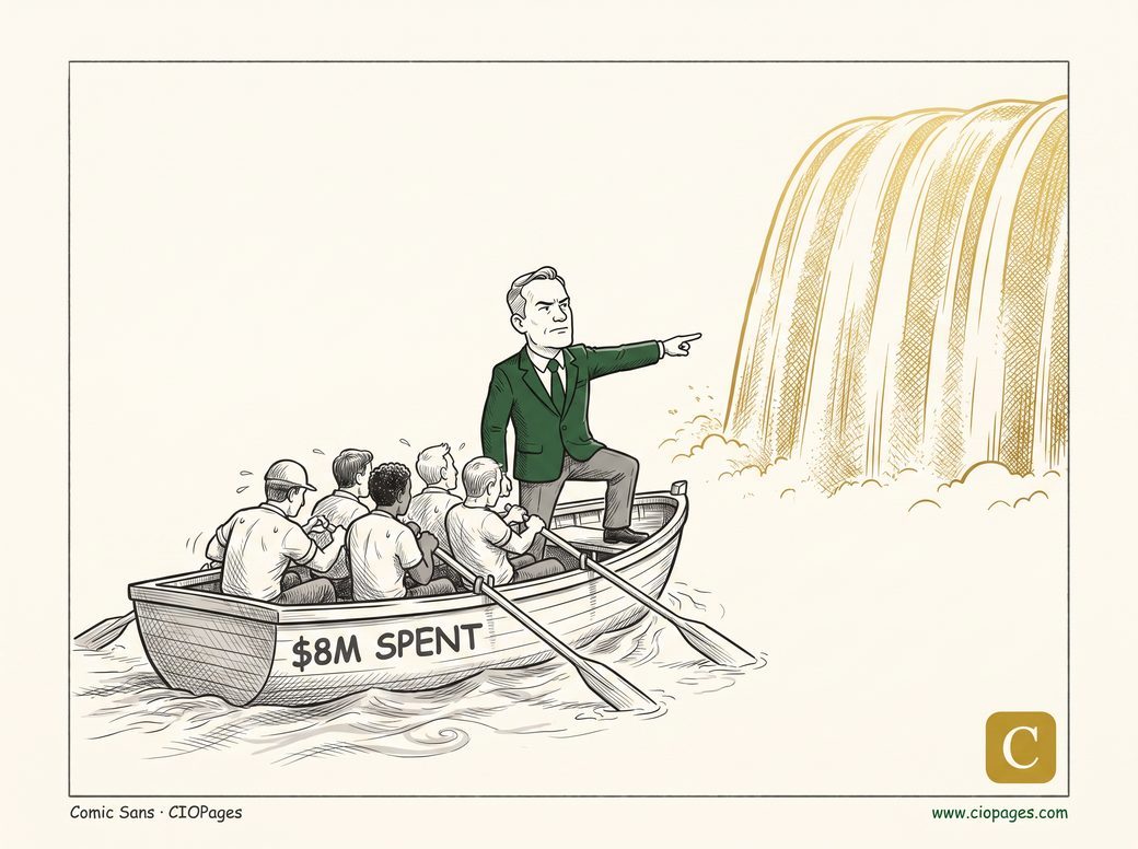 A leader stands in a rowboat marked “$8M Spent,” urging the rowing crew onward toward a golden waterfall.