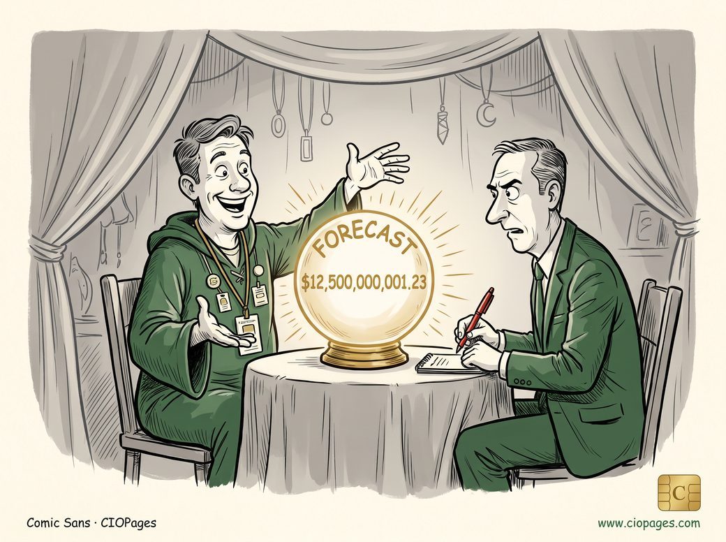 A hoodie-wearing vendor presents a glowing crystal ball reading “Forecast $12,500,000,001.23” to a skeptical, note-taking executive.