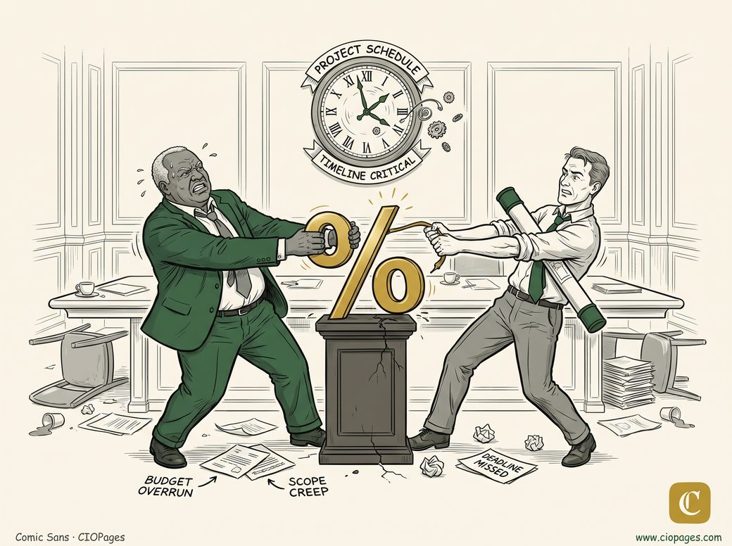 Two executives play tug-of-war over a giant gold “%” sign on a pedestal as a “Timeline Critical” clock ticks behind them.