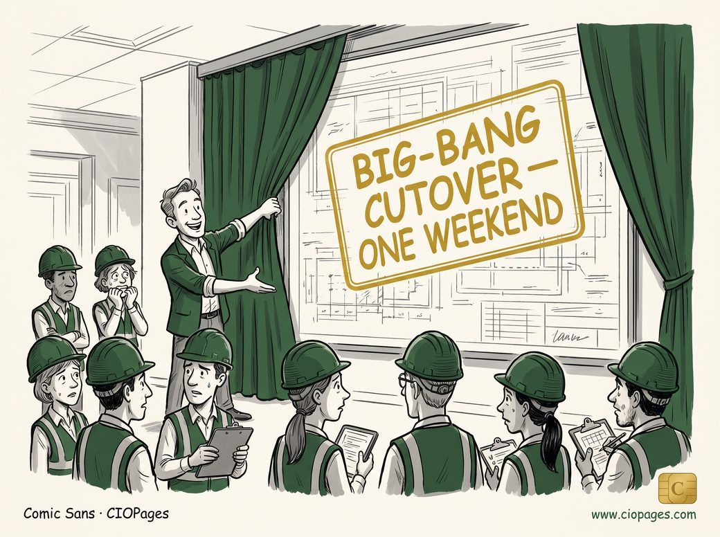 A presenter pulls back a curtain to reveal a gold-framed sign, “Big-Bang Cutover — One Weekend,” before a worried crowd in hard hats.