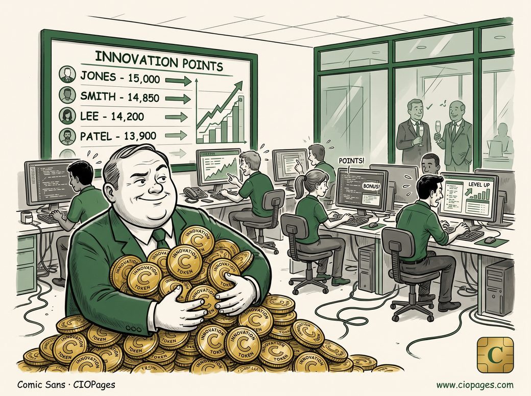 An employee hugs a huge heap of gold “Innovation Token” coins beside a points leaderboard as colleagues game the system.