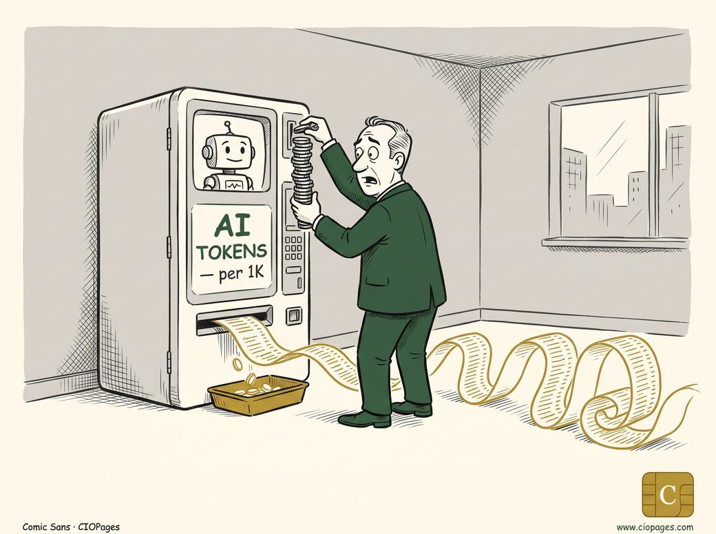 A CIO works an “AI Tokens per 1K” vending machine that dispenses tokens one at a time while a giant receipt unspools across the floor.