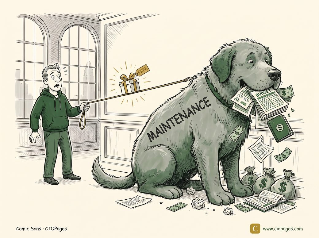 A person holds a leash tied to an enormous dog labeled “Maintenance” devouring “Budget” money, beside a small gold “Free” gift box.